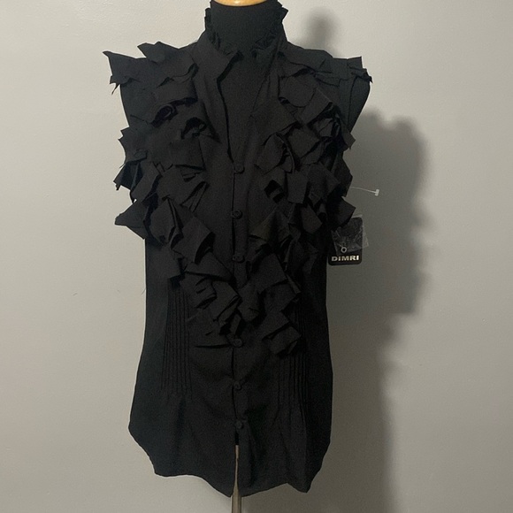 Dimri Women’s Black Sleeveless High Ruffle Collar V-Neck Blouse Sz L NWT - Picture 1 of 10